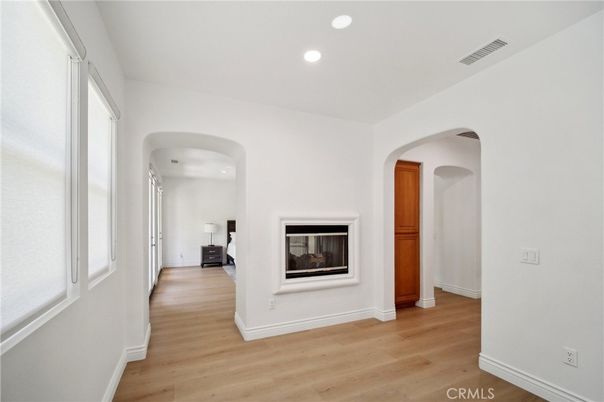 Empty room, Fireplace, Interior, Recessed Lighting, Wood Texture Flooring
