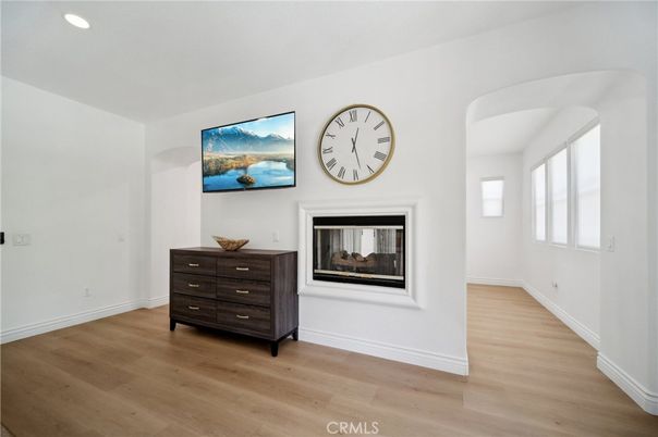 Fireplace, Interior, Recessed Lighting, Wood Texture Flooring