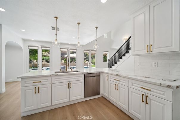 Interior, Kitchen, Pendant Lights, Recessed Lighting, Wood Texture Flooring