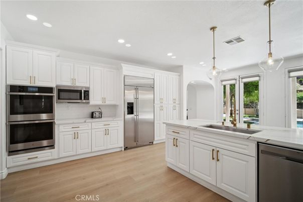 Interior, Kitchen, Pendant Lights, Recessed Lighting, Stainless Steel Appliances, Wood Texture Flooring