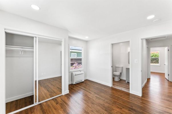 Bathroom, Empty room, Interior, Recessed Lighting, Wood Texture Flooring