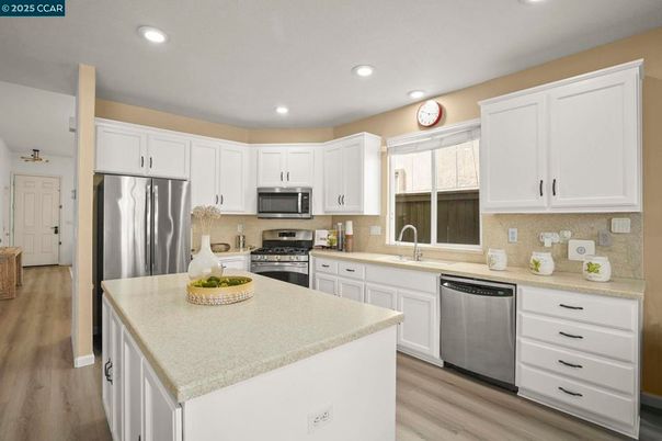Interior, Kitchen, Recessed Lighting, Stainless Steel Appliances, Wood Texture Flooring