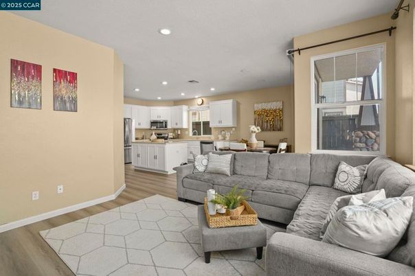 Interior, Kitchen, Living room, Recessed Lighting, Stainless Steel Appliances, Wood Texture Flooring