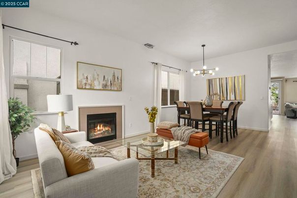Dining room, Fireplace, Interior, Living room, Pendant Lights, Wood Texture Flooring