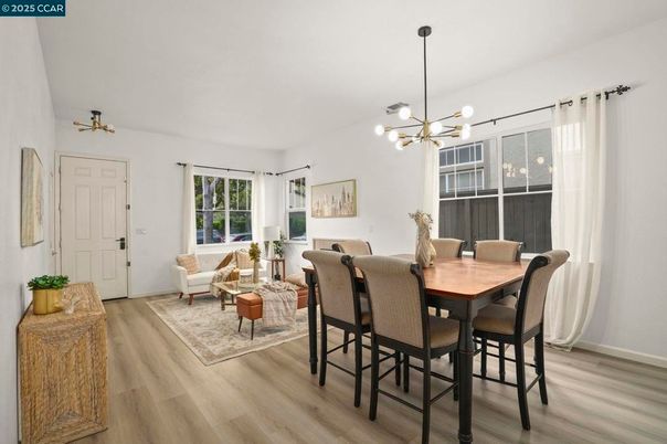 Dining room, Interior, Living room, Pendant Lights, Wood Texture Flooring