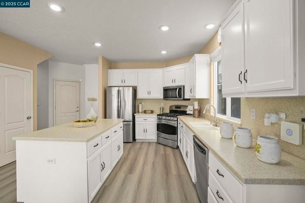 Interior, Kitchen, Recessed Lighting, Stainless Steel Appliances, Wood Texture Flooring