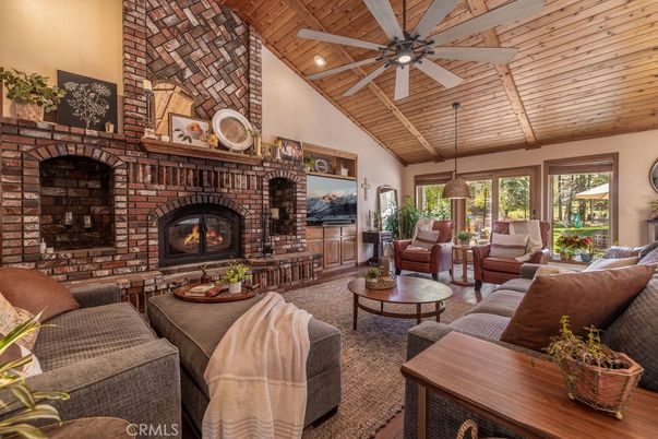 Dining room, Fireplace, Interior, Living room, Pendant Lights, Recessed Lighting, Stone Walls, Wooden Ceilings