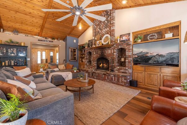 Fireplace, Interior, Living room, Recessed Lighting, Stone Walls, Wooden Beams, Wooden Ceilings, Wood Texture Flooring