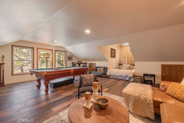 Billiard Table, Fireplace, Game Room, Interior, Recessed Lighting, Wood Texture Flooring
