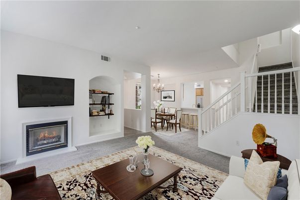 Chandelier, Dining room, Fireplace, Interior, Living room, Recessed Lighting