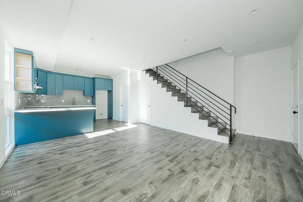 Empty room, Interior, Kitchen, Recessed Lighting, Wood Texture Flooring