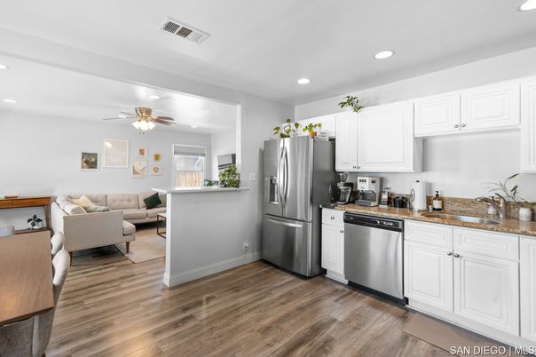Interior, Kitchen, Living room, Recessed Lighting, Stainless Steel Appliances, Wood Texture Flooring