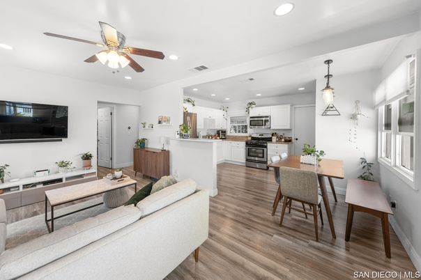 Dining room, Interior, Kitchen, Living room, Pendant Lights, Recessed Lighting, Stainless Steel Appliances, Wood Texture Flooring