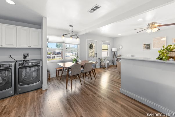 Dining room, Interior, Pendant Lights, Recessed Lighting, Washer, Wood Texture Flooring