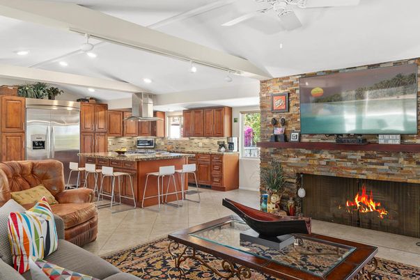 Fireplace, Interior, Kitchen, Living room, Recessed Lighting, Stainless Steel Appliances