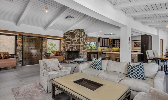 Dining room, Fireplace, Interior, Kitchen, Living room, Pendant Lights, Recessed Lighting, Stone Walls