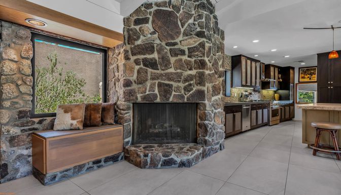 Fireplace, Interior, Kitchen, Pendant Lights, Recessed Lighting, Stone Walls
