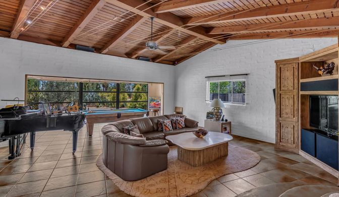 Billiard Table, Game Room, Interior, Living room, Piano, Wooden Beams, Wooden Ceilings