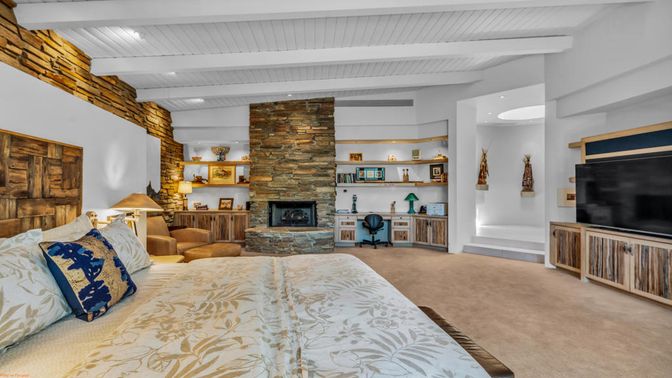 Bedroom, Fireplace, Interior, Recessed Lighting, Stone Walls