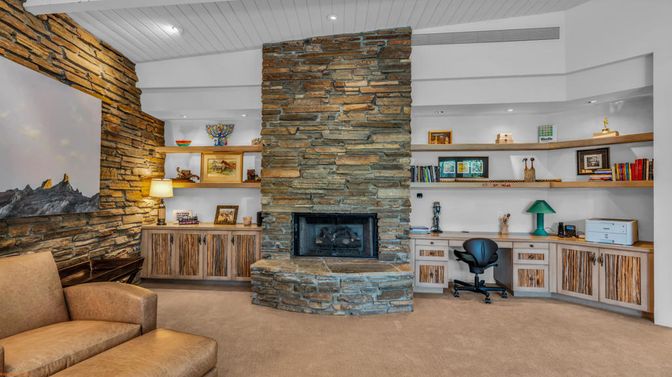 Fireplace, Home Office, Interior, Recessed Lighting, Stone Walls