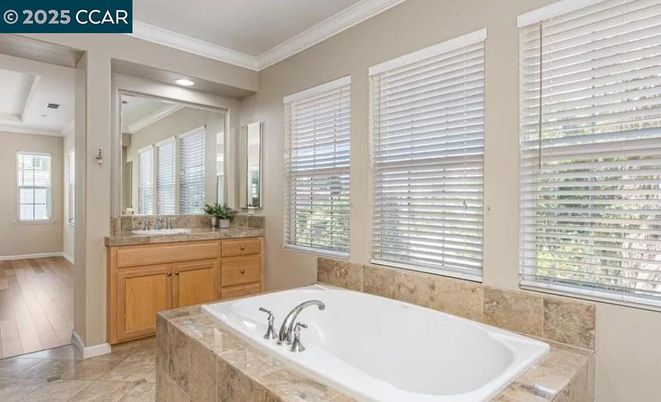 Bathroom, Dual Sink Vanities, Interior, Recessed Lighting, Wood Texture Flooring