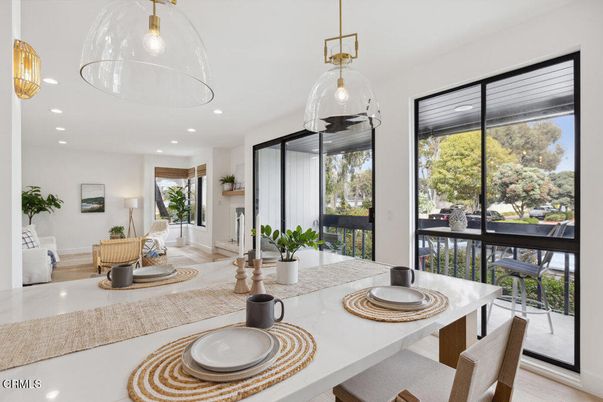 Dining room, Interior, Pendant Lights, Recessed Lighting, Wood Texture Flooring