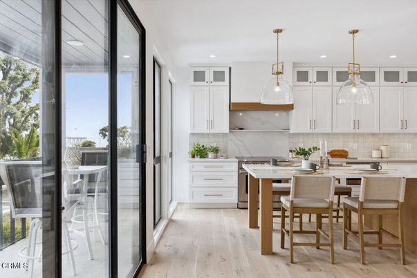 Interior, Kitchen, Marble Walls, Pendant Lights, Recessed Lighting, Wood Texture Flooring