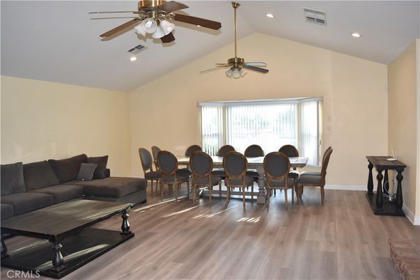 Dining room, Interior, Living room, Recessed Lighting, Wood Texture Flooring