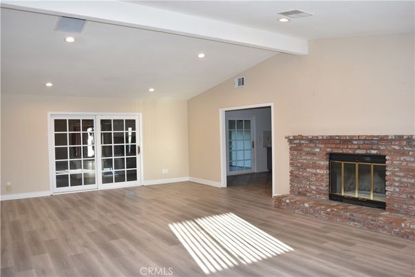 Empty room, Fireplace, Interior, Recessed Lighting, Wood Texture Flooring