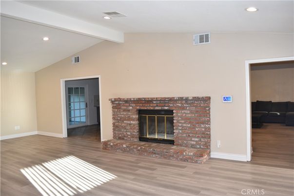 Empty room, Fireplace, Interior, Recessed Lighting, Wood Texture Flooring
