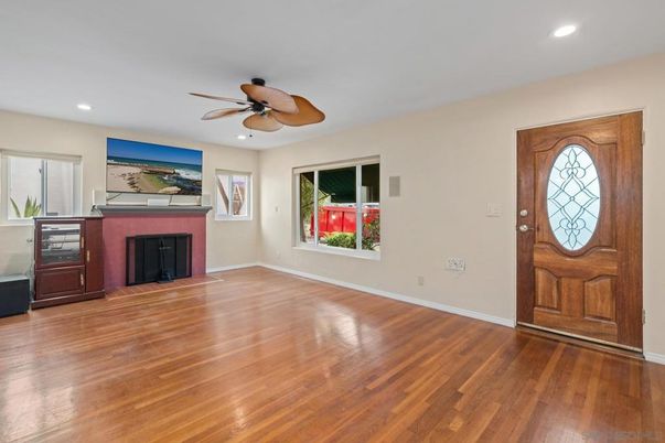 Empty room, Fireplace, Interior, Recessed Lighting, Wood Texture Flooring