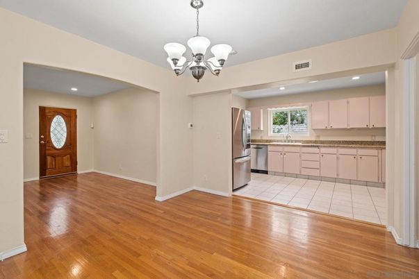 Chandelier, Empty room, Interior, Kitchen, Recessed Lighting, Wood Texture Flooring