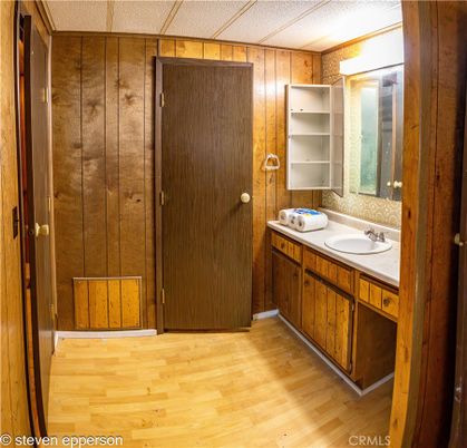 Bathroom, Dual Sink Vanities, Interior, Wood Texture Flooring, Wooden Walls