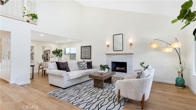 Fireplace, Interior, Living room, Recessed Lighting, Wood Texture Flooring