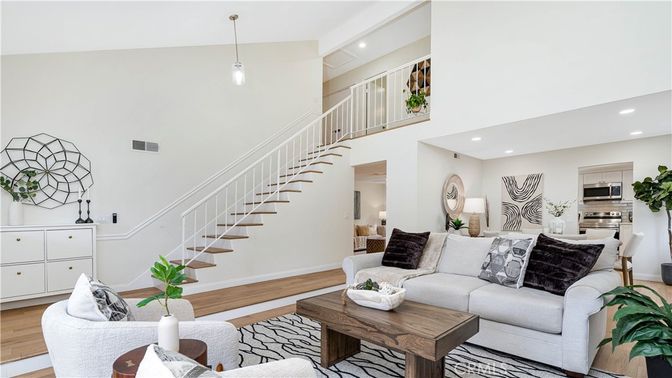 Interior, Living room, Pendant Lights, Recessed Lighting, Stainless Steel Appliances, Wood Texture Flooring