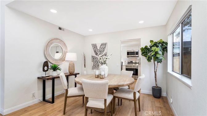 Dining room, Interior, Recessed Lighting, Stainless Steel Appliances, Wood Texture Flooring