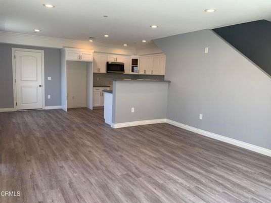 Empty room, Interior, Kitchen, Recessed Lighting, Wood Texture Flooring