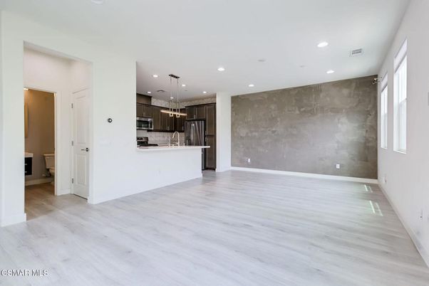 Empty room, Interior, Kitchen, Pendant Lights, Recessed Lighting, Wood Texture Flooring