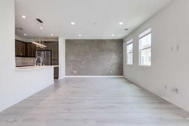 Empty room, Interior, Kitchen, Pendant Lights, Recessed Lighting, Wood Texture Flooring