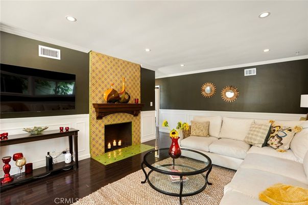 Fireplace, Interior, Living room, Recessed Lighting, Wood Texture Flooring
