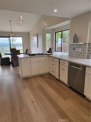 Dining room, Interior, Kitchen, Pendant Lights, Recessed Lighting, Wood Texture Flooring