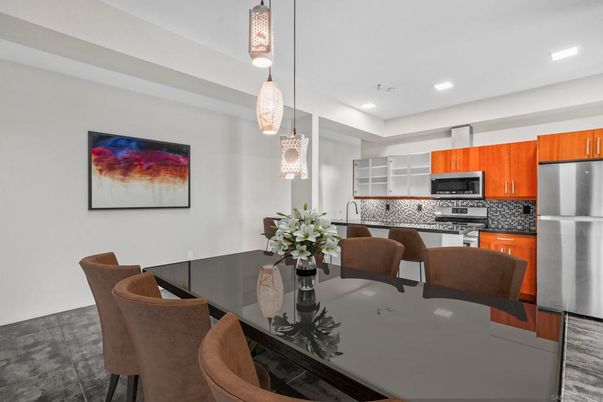 Dining room, Interior, Kitchen, Pendant Lights, Recessed Lighting, Stainless Steel Appliances