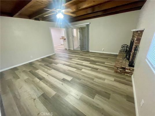 Empty room, Fireplace, Interior, Wooden Beams, Wooden Ceilings, Wood Texture Flooring