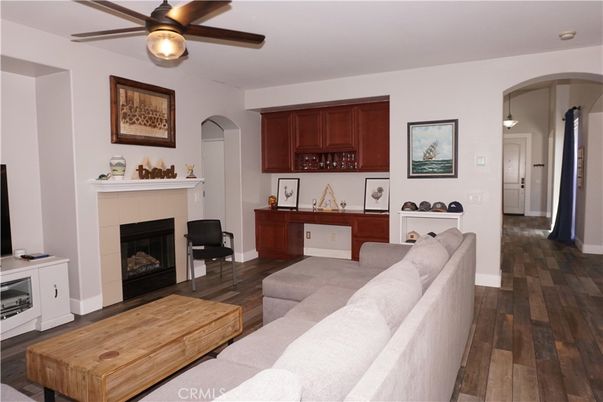 Fireplace, Interior, Living room, Pendant Lights, Wood Texture Flooring