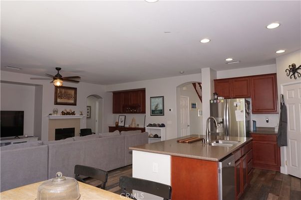 Fireplace, Interior, Kitchen, Living room, Recessed Lighting, Wood Texture Flooring