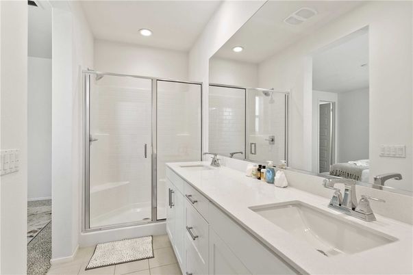 Bathroom, Dual Sink Vanities, Glass Shower, Interior, Recessed Lighting
