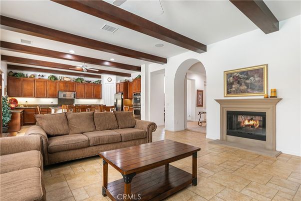 Fireplace, Interior, Kitchen, Living room, Recessed Lighting, Stainless Steel Appliances, Wooden Beams