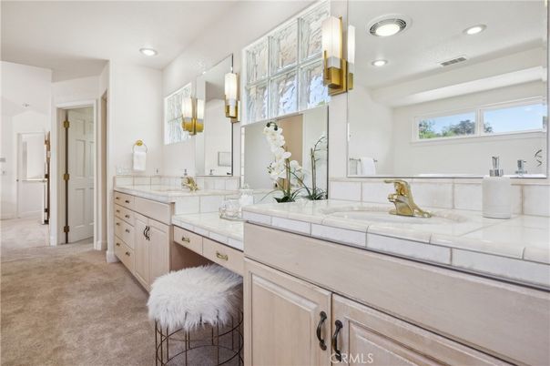 Bathroom, Dual Sink Vanities, Interior, Recessed Lighting, Tile Countertops