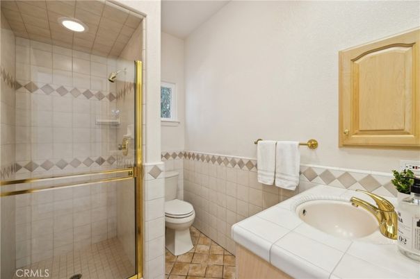 Bathroom, Glass Shower, Interior, Recessed Lighting, Tile Countertops