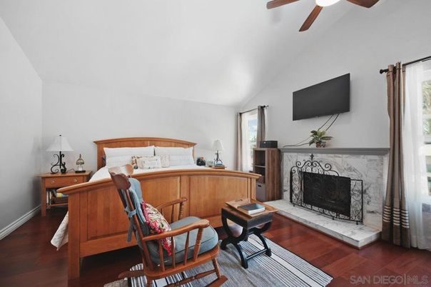 Bedroom, Fireplace, Interior, Wood Texture Flooring